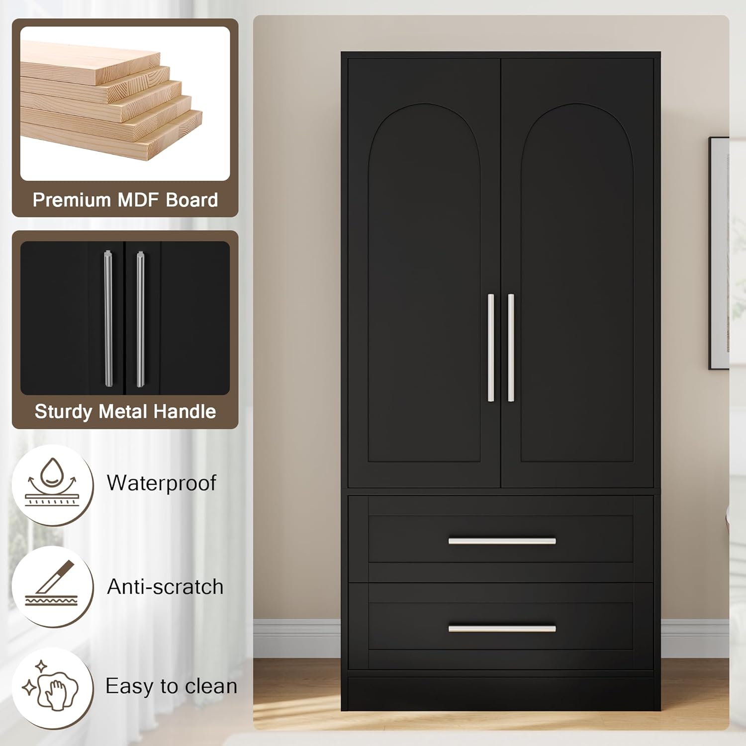 Einhomn Wooden Armoire Wardrobe Closet with 2 Doors and 2 Drawers,Freestanding Armoire Storage Cabinet with Shelves,Tall Clothing Storage Cabinet Suitable for Bedroom,Black