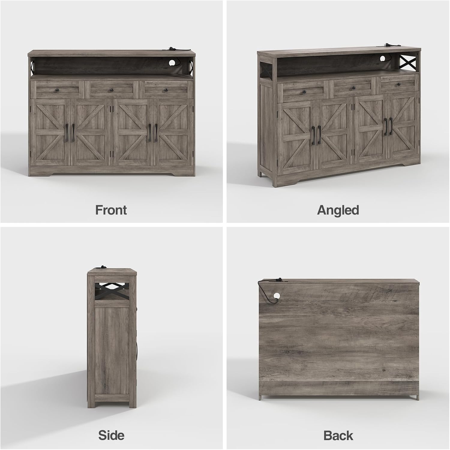 Befrases Farmhouse Sideboard Buffet Cabinet, Barn Doors Storage Cabinet with Drawers and Open Shelf, 47.2'' Wood Coffee Bar Microwave Station for Kitchen, Living Room, Hallway, Grey