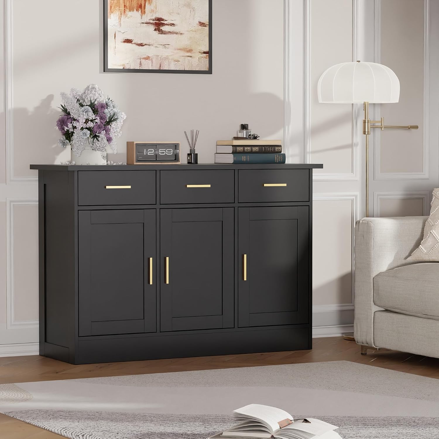 Buffet Cabinet with Storage - Buffets & Sideboards Kitchen Storage Cabinet, Wood Console Table Coffee Bar Accent Cabinets for Living Room Dining Room Entryway Large 3 Doors & Drawers, Black 47.2"W