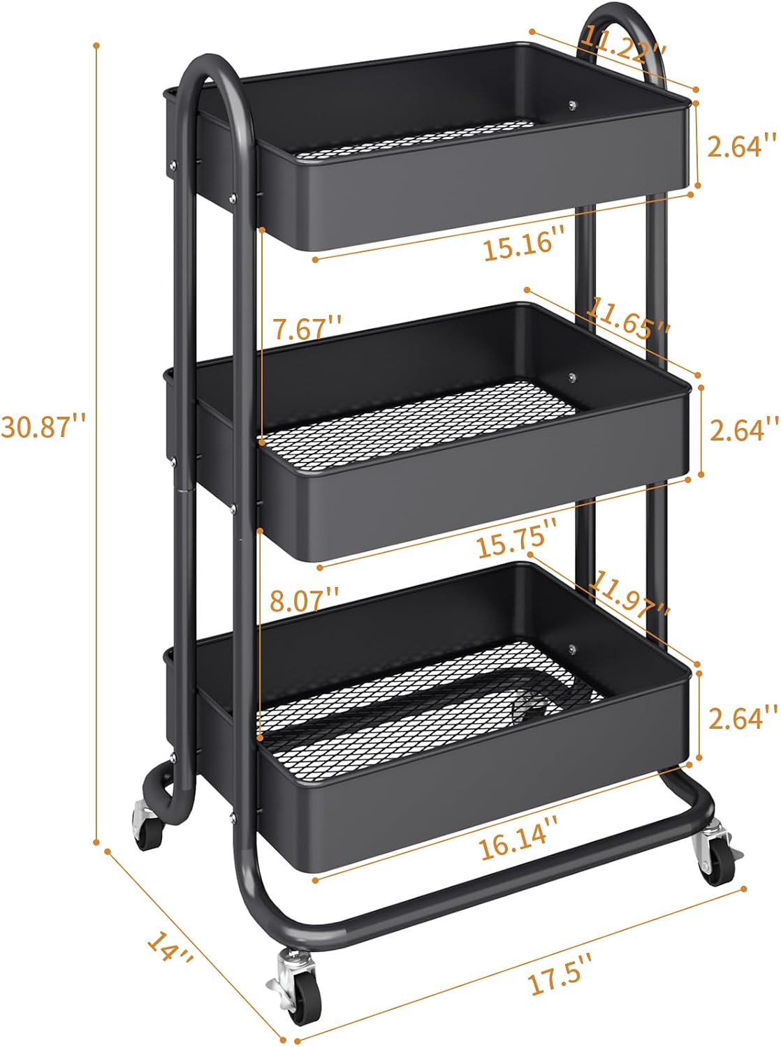 MIOCASA 3-Tier Metal Utility Rolling Cart, Heavy Duty Multifunction Cart with Lockable Casters, Easy to Assemble, Suitable for Office, Bathroom, Kitchen, Garden (Dark Gray, 3-Tier-Metal)