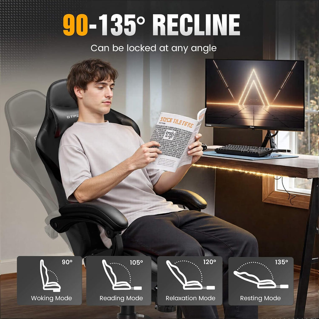 GTPLAYER Gaming Chair with Pocket Spring Cushion, Leather Office Chair with Ergonomic High Back & Lumbar Support for Back Pain Relief, Computer Game Chair for Adults, Black