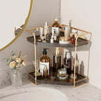 LEEDA 2-Tier Corner Bathroom Counter Organizer, Countertop Makeup & Skincare Organizer Shelf, Two Tiered Vanity Storage Tray for Bathroom Sink, Kitchen Corner Spice Rack, Gold
