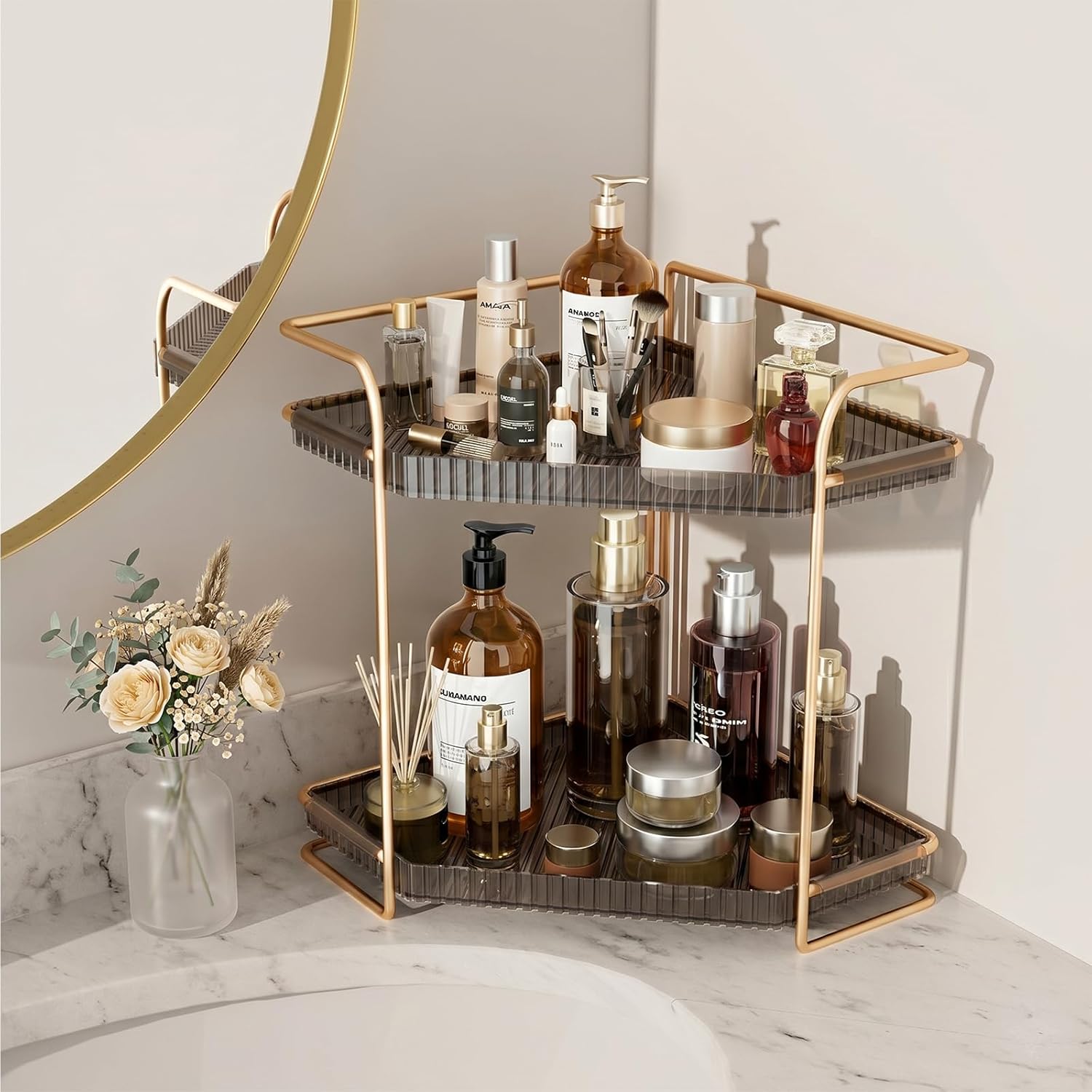 LEEDA 2-Tier Corner Bathroom Counter Organizer, Countertop Makeup & Skincare Organizer Shelf, Two Tiered Vanity Storage Tray for Bathroom Sink, Kitchen Corner Spice Rack, Gold