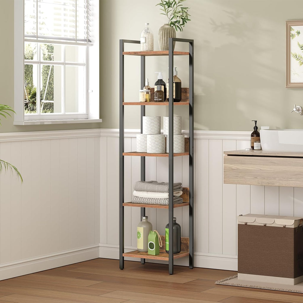 MAHANCRIS Bookshelf, 5-Tier Bookcase, Standing Book Shelf for Small Space, Storage Shelf Organizer, for Living Room, Bedroom, Study, Balcony, Rustic Brown and Black BKHR5501
