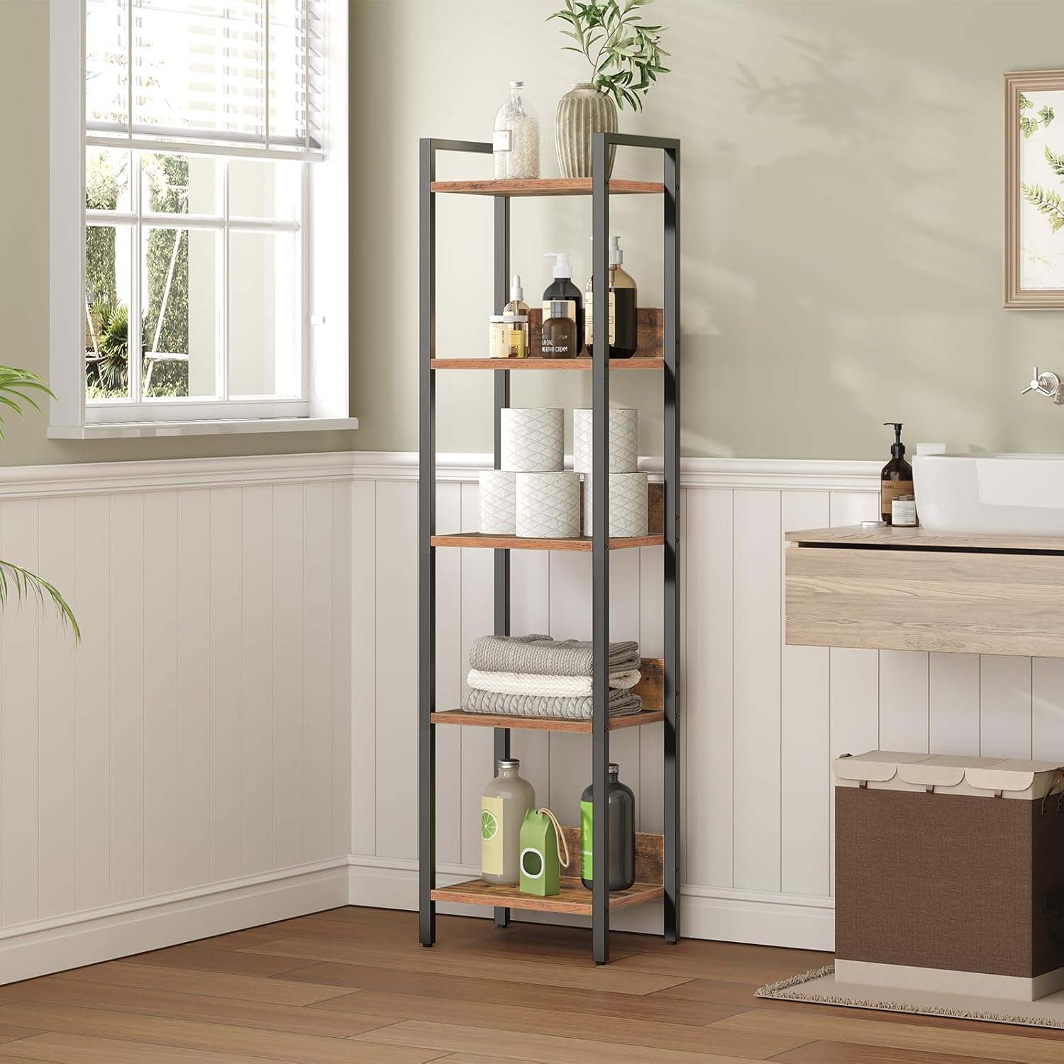 MAHANCRIS Bookshelf, 5-Tier Bookcase, Standing Book Shelf for Small Space, Storage Shelf Organizer, for Living Room, Bedroom, Study, Balcony, Rustic Brown and Black BKHR5501