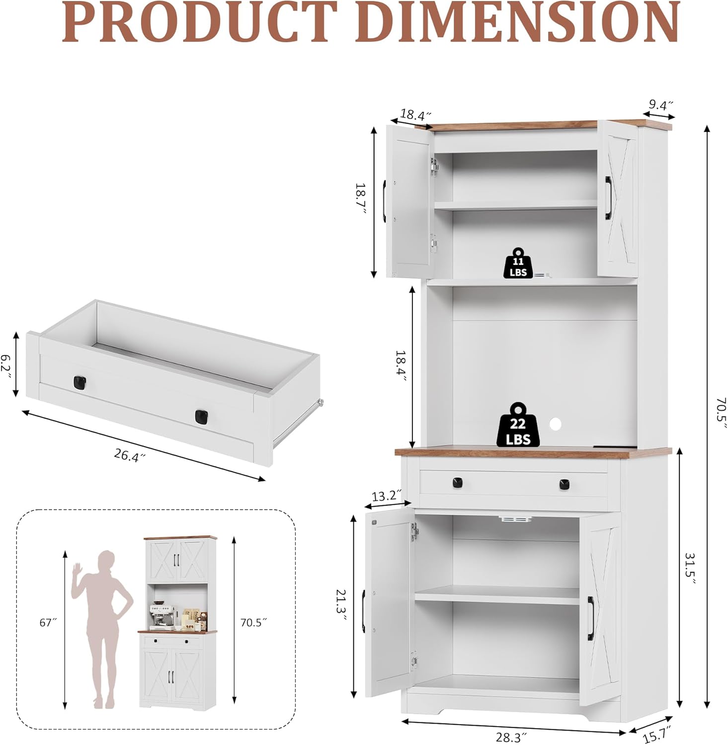 GarveeLife 71" Pantry Cabinet with Charging Station, Tall Kitchen Pantry Storage Cabinet with Microwave Stand, Large Farmhouse Kitchen Hutch with Cabinet Doors & Drawer for Living Room, Dining Room