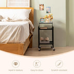 Bedside Table with Wheels Rolling Nightstand 3-Tier Sofa Side Table Modern End Table for Small Space Bedroom Office Living Room Marble Top and Open Shelf Easy Assembly (Black)