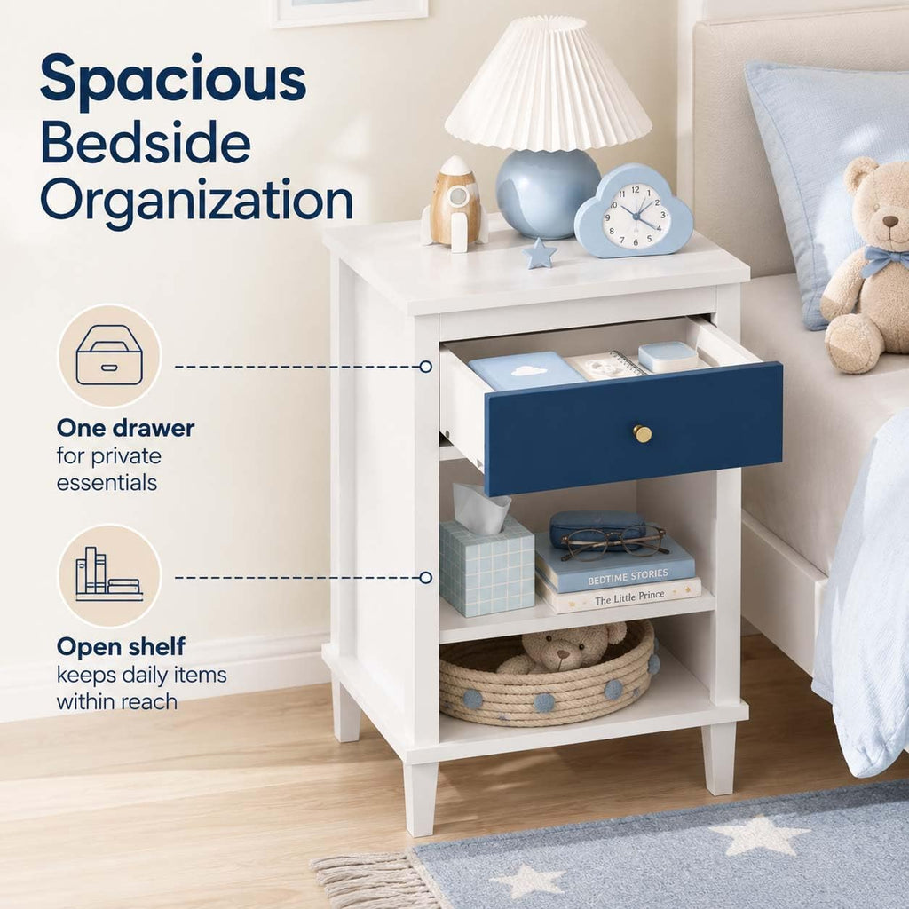 Kids Nightstand with One Drawer, Modern Wood Bedside Table with Open Storage Shelf, Night Stand End Table for Boys Girls Bedroom (Navy, White)
