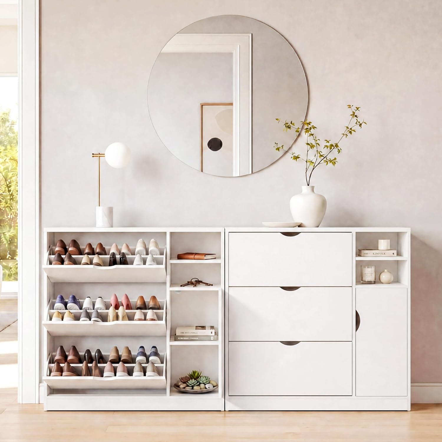 GRUSIGN Shoe Storage Cabinet with 3 Flip Drawers and Storage Space, Adjustable Shelf, Large Capacity Shoe Cabinet for Entryway,Hallway, Mudroom (White)