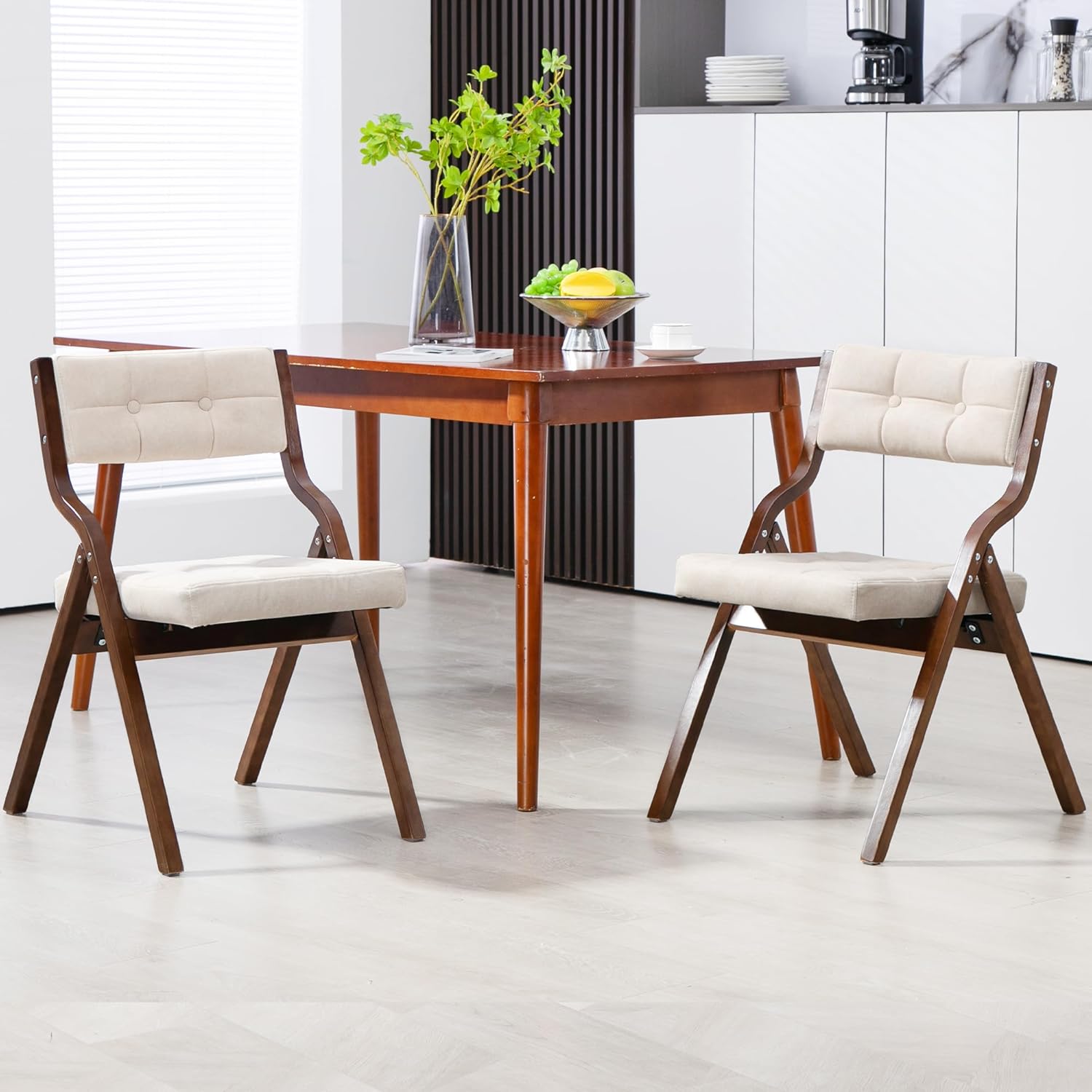 HOMEFUN Folding Chairs with Cushion, Wooden Padded Foldable Chair 2 Pack, Portable and Assembled Seat for Guests Kitchen Office Wedding and Party, Camel