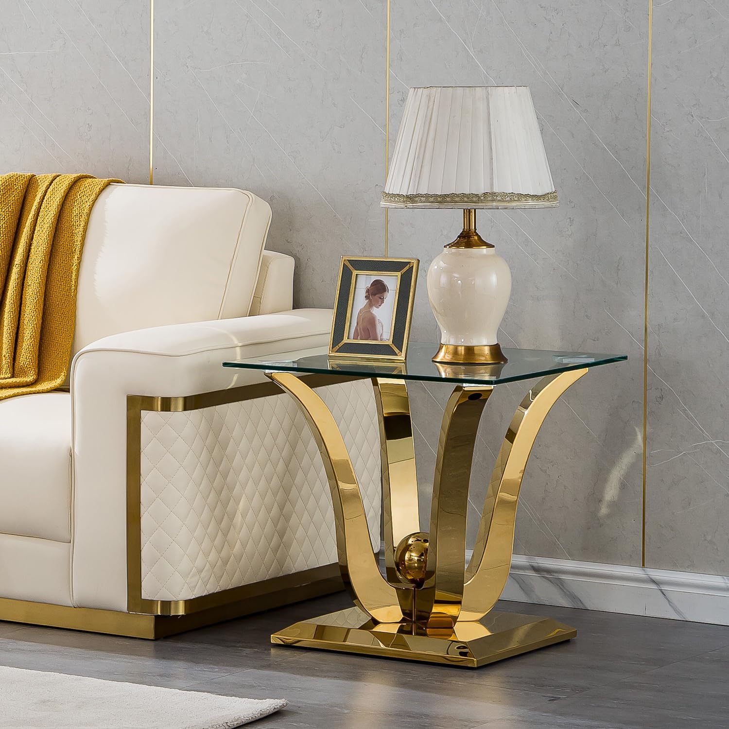 Luxury Gold Side Table, Tempered Glass Top End Table with Flower Shaped Stainless Steel Base, Modern Accent Table for Living Room, Bedroom, Office