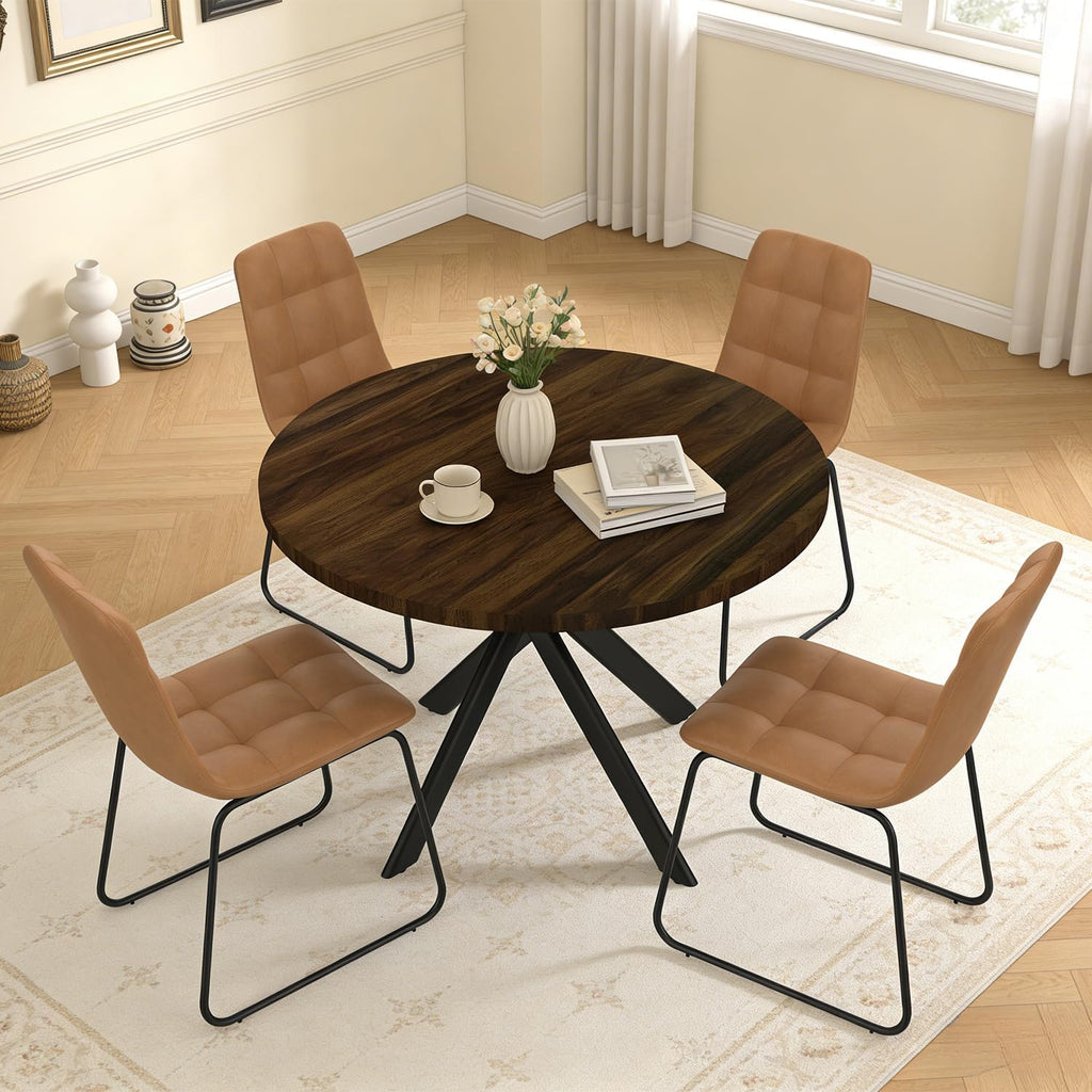 44" Round Dining Table with Cozy Chair Set for 4, Modern Mid-Century Dining Table Set of 4, Dinette Sets with Metal Leg for Kitchen Dining Room Apartment(Walnut Table + Brown Chairs)