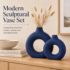 Navy Blue Ceramics Vase for Home Decor,Minimalist Nordic Hollow Donut Vase Set of 2,Modern Navy Blue Decor for Kitchen Table Centerpiece,Living Room,Fire Place,Bookshelf,Office,Entryway,Console