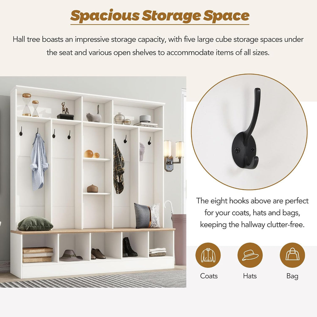 LUMISOL 4-in-1 Hall Tree with Shoe Bench, Cube Storage & Shelves, Wide Entryway Coat Rack with 8 Hooks for Mudroom Living Room, White