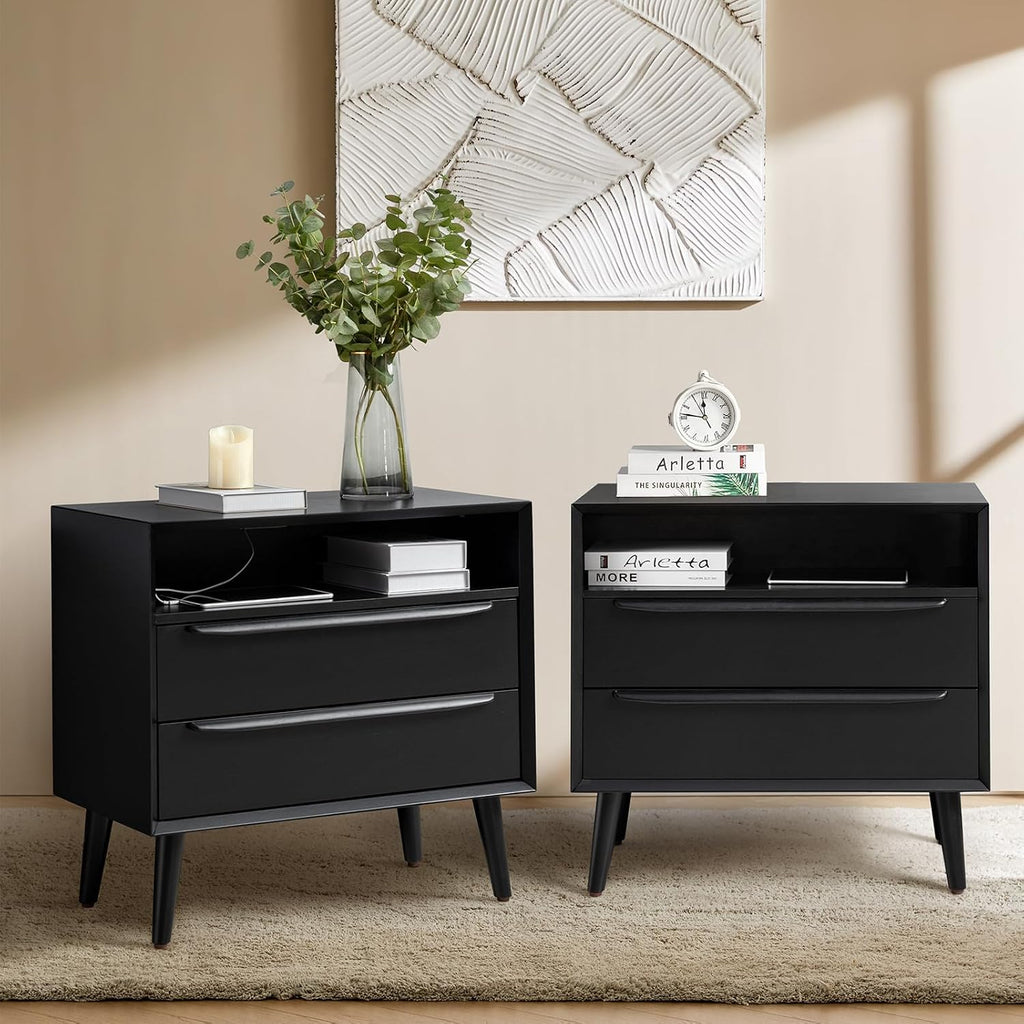 Mid-Century Modern End Table Set of 2 with Charging Station, 2 Drawers & Open Shelf Storage, Beside Tables with Solid Wood Legs, Black