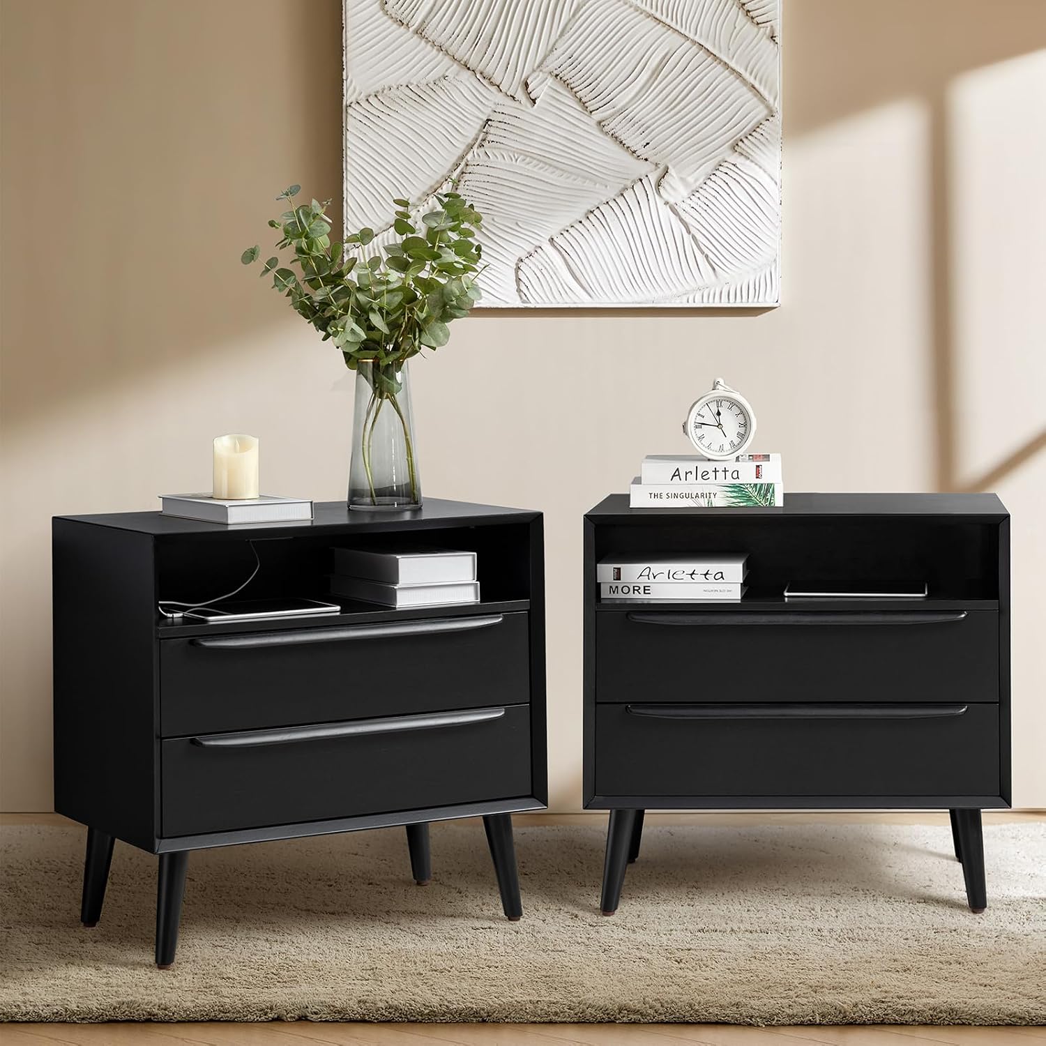 Mid-Century Modern End Table Set of 2 with Charging Station, 2 Drawers & Open Shelf Storage, Beside Tables with Solid Wood Legs, Black