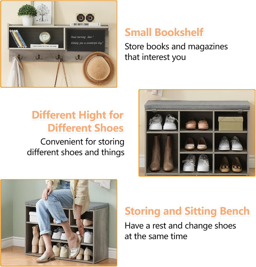 Entryway Shoe Bench with Coat Rack, Cushioned Storage Seat with Cubbies, Shoe Rack Bench for Front Door Entrance, Hall Tree with Hooks, Blackboard & Extra Storage for Entryway, Hallway & Living Room
