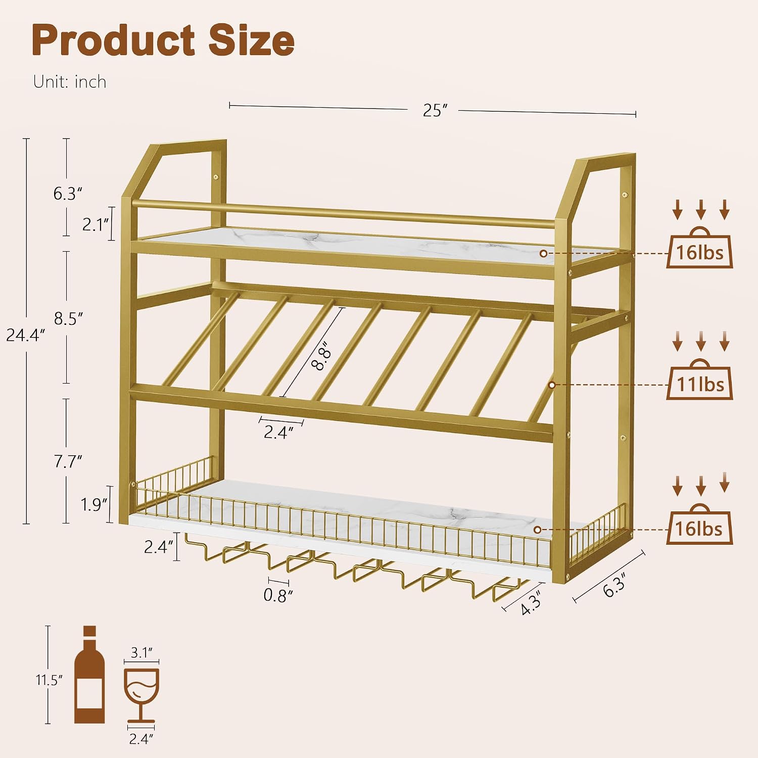 Hoctieon Wall Mount Wine Rack, Wall Mounted Wine Bottle Rack for Display and Storage, Hanging Bottle Holder, for Living Room, Dining Room, Bar, Wine Cellar, Gold&White