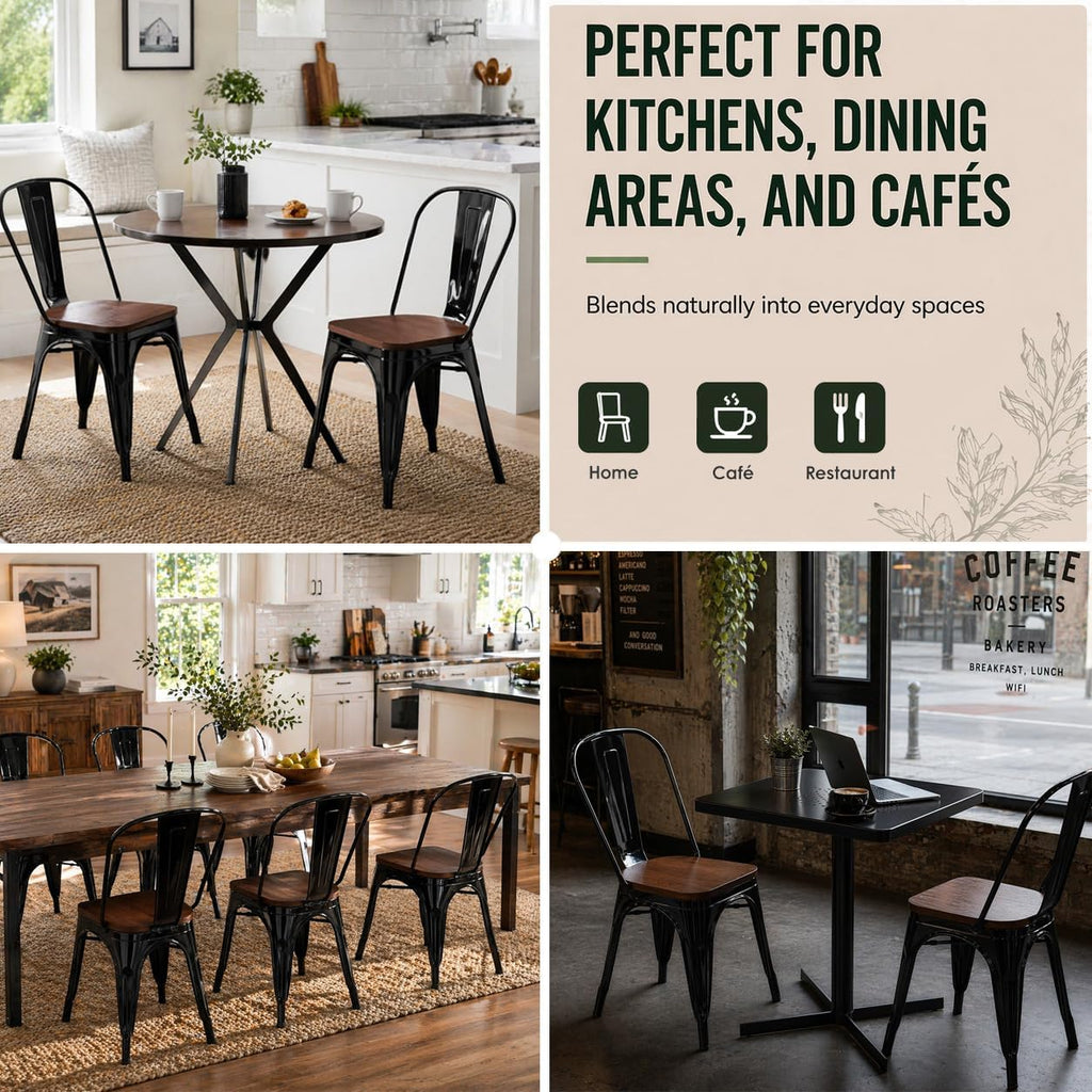 Black Metal Dining Chairs Set of 6 with Wood Seat, Stackable Metal Kitchen Chairs for Dining,Kitchen Room and Outdoor Patio