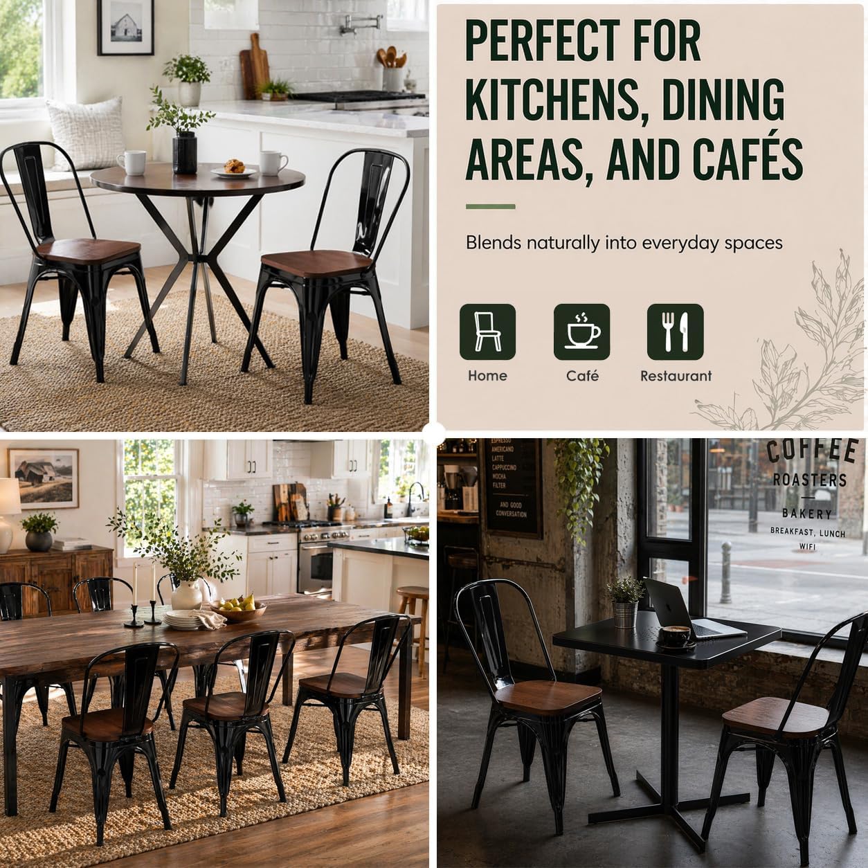 Black Metal Dining Chairs Set of 6 with Wood Seat, Stackable Metal Kitchen Chairs for Dining,Kitchen Room and Outdoor Patio