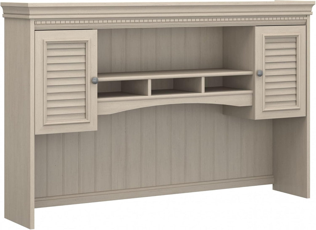 Bush Home Fairview 60W Hutch for L Shaped Desk in Antique White, Attachment with Shelves and Cabinets for Home Office