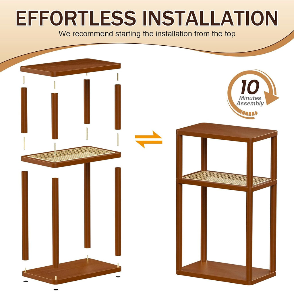 YGYQZ Rattan End Table, 3-Tier Narrow Side Table for Small Spaces, Wood Sofa Side Table Nightstand with Storage Shelves for Living Room Bedroom, Boho Slim Corner Table
