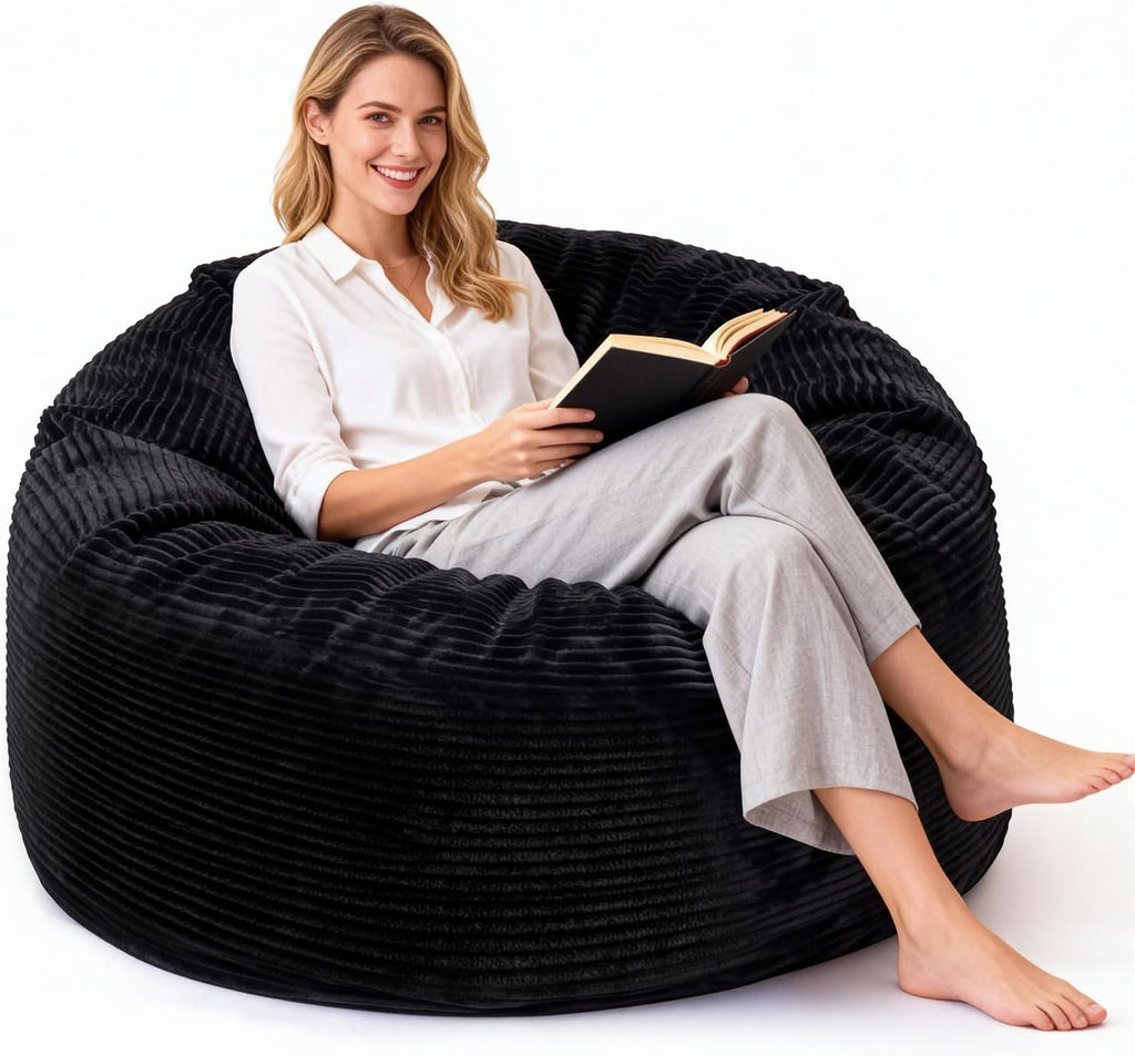 Bean Bag Chairs, 3FT Bean Bag with Memory Foam Filling, Removable and Washable Pinwale Plush Cover, Comfy Bean Bag Chairs for Living Room, Den, Bedroom or Office-Black