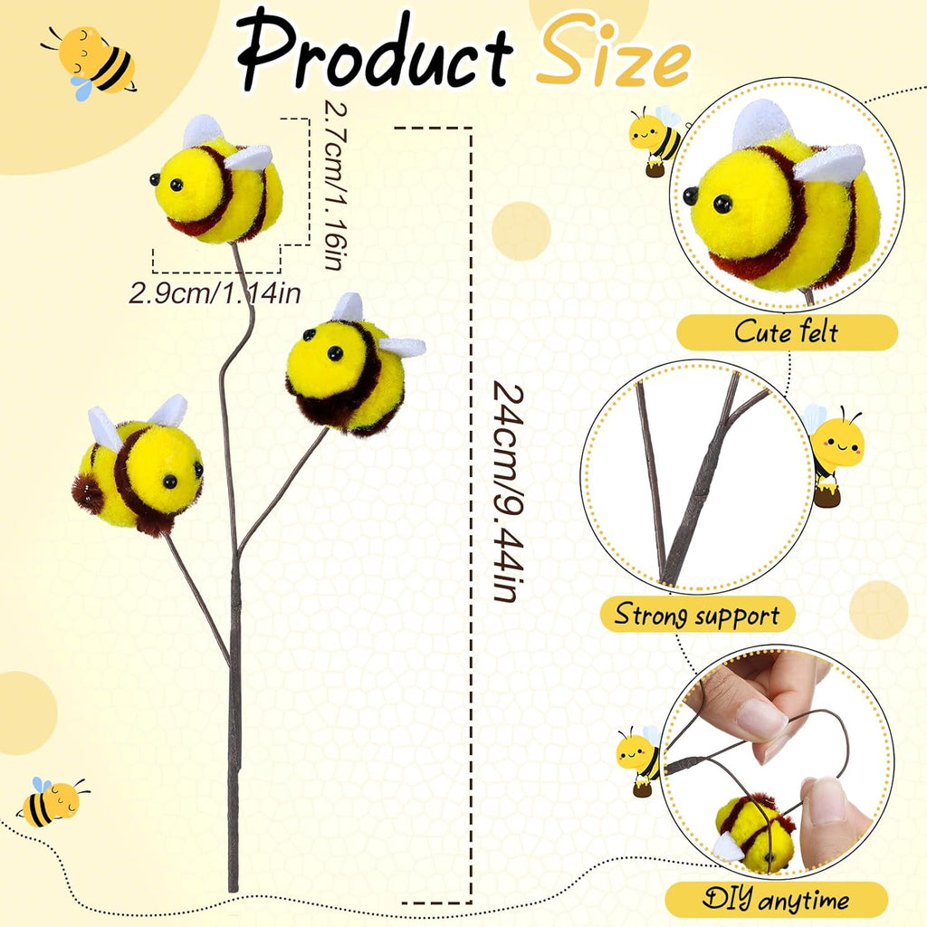 Suncalla 12 Pcs Felt Bee Stems What Will Baby Bees Birthday Party Decor DIY Felt Honeybee Branch Pick for Tree Vase Filler Home Centerpiece Farmhouse Baby Shower Crafts (Bee)