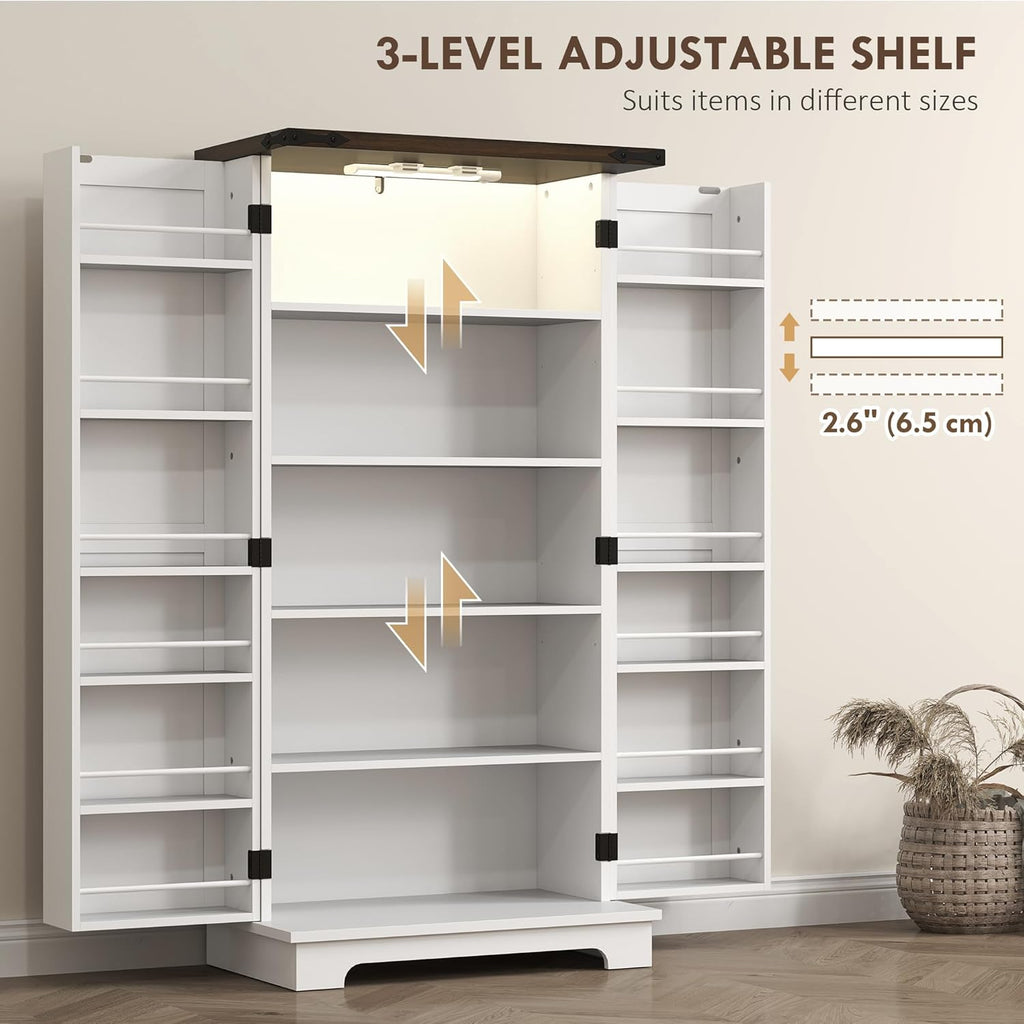 HOMCOM 47" LED Kitchen Pantry Cabinet, Farmhouse Storage Cabinet with 5 Deep Shelves and 12 Door Shelves, Freestanding Food Pantry with Barn Door, White