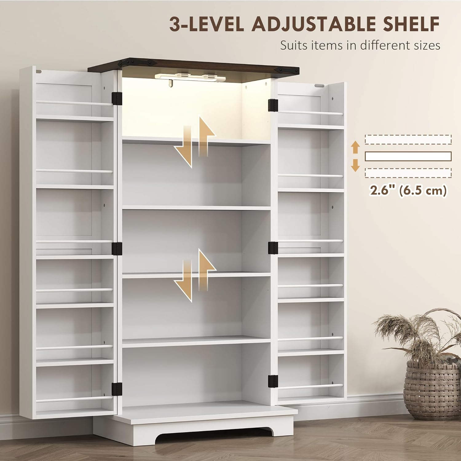 HOMCOM 47" LED Kitchen Pantry Cabinet, Farmhouse Storage Cabinet with 5 Deep Shelves and 12 Door Shelves, Freestanding Food Pantry with Barn Door, White