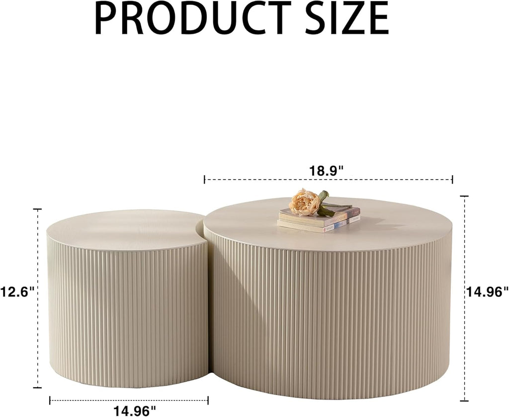 Nesting Coffee Table Set of 2, Round & Crescent Moon Wood Coffee Table and End Table Sets, Modern Luxury Accent Center Tea Table for Living Room Bedroom, （Beige + Cream, 18.9" & 14.96"
