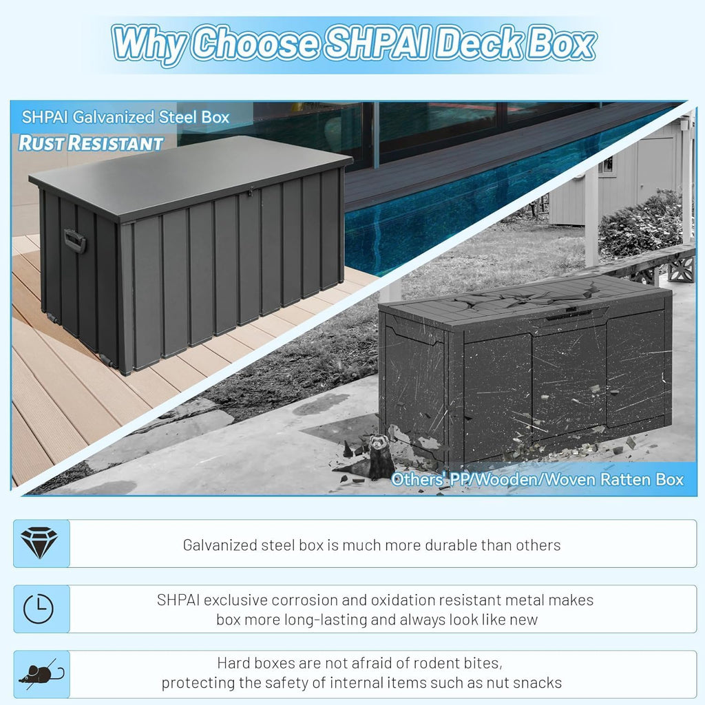 Galvanized Steel Outdoor Storage Box Lockable Bench with Hydraulic Lid Wheels for Patio Backyard Pool Cushions Tools Package Storage (Dark Brown)