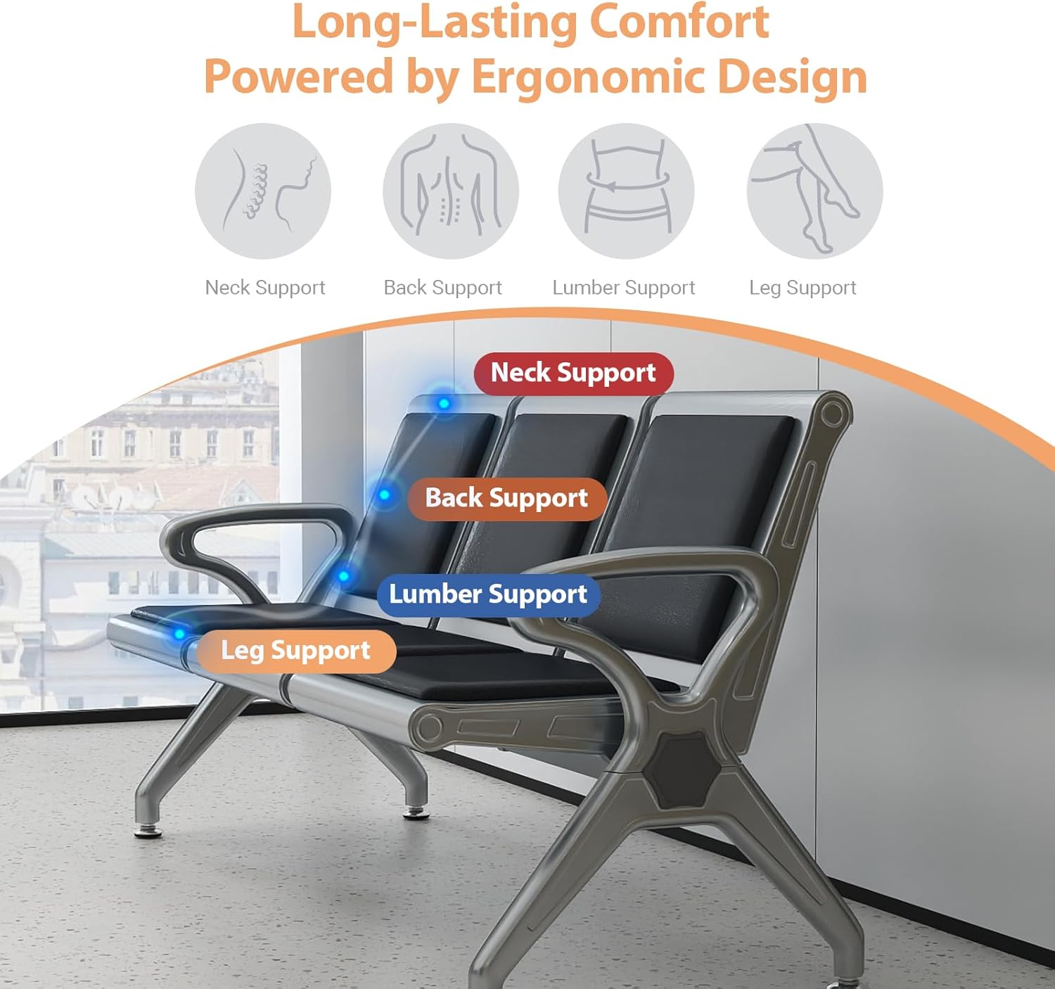 Kinfant 3-Seat Waiting Room Bench - PU Leather Waiting Room Chairs with Arms Airport Reception Bench, Lobby Bench Seating Office Bench Waiting Area Chairs for Airport Business Hospital Market