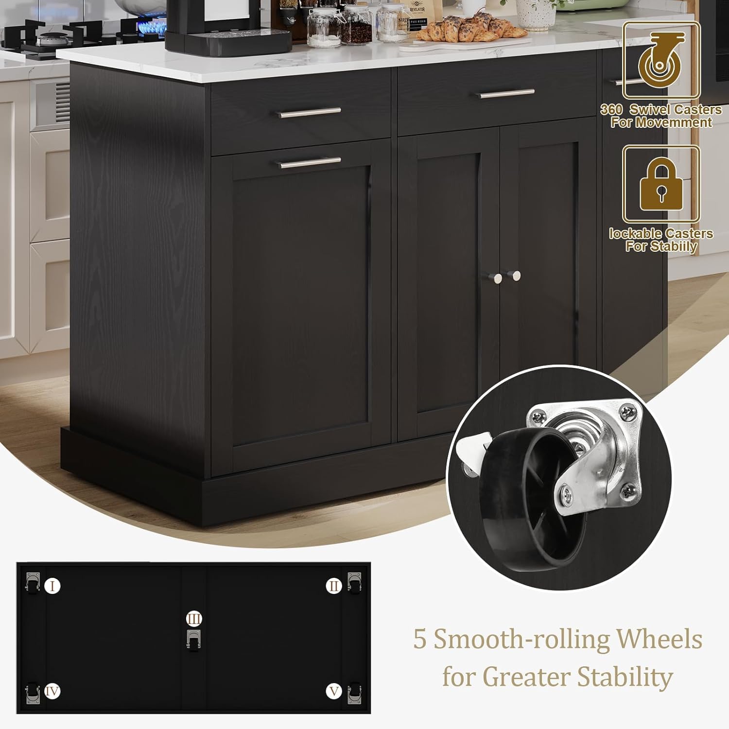 4 EVER WINNER Kitchen Island with Storage, Kitchen Island Cart on Wheels with Trash Can Cabinet, Spice Rack & Towel Rack, Kitchen Island Table with Faux Marble Countertop, Black