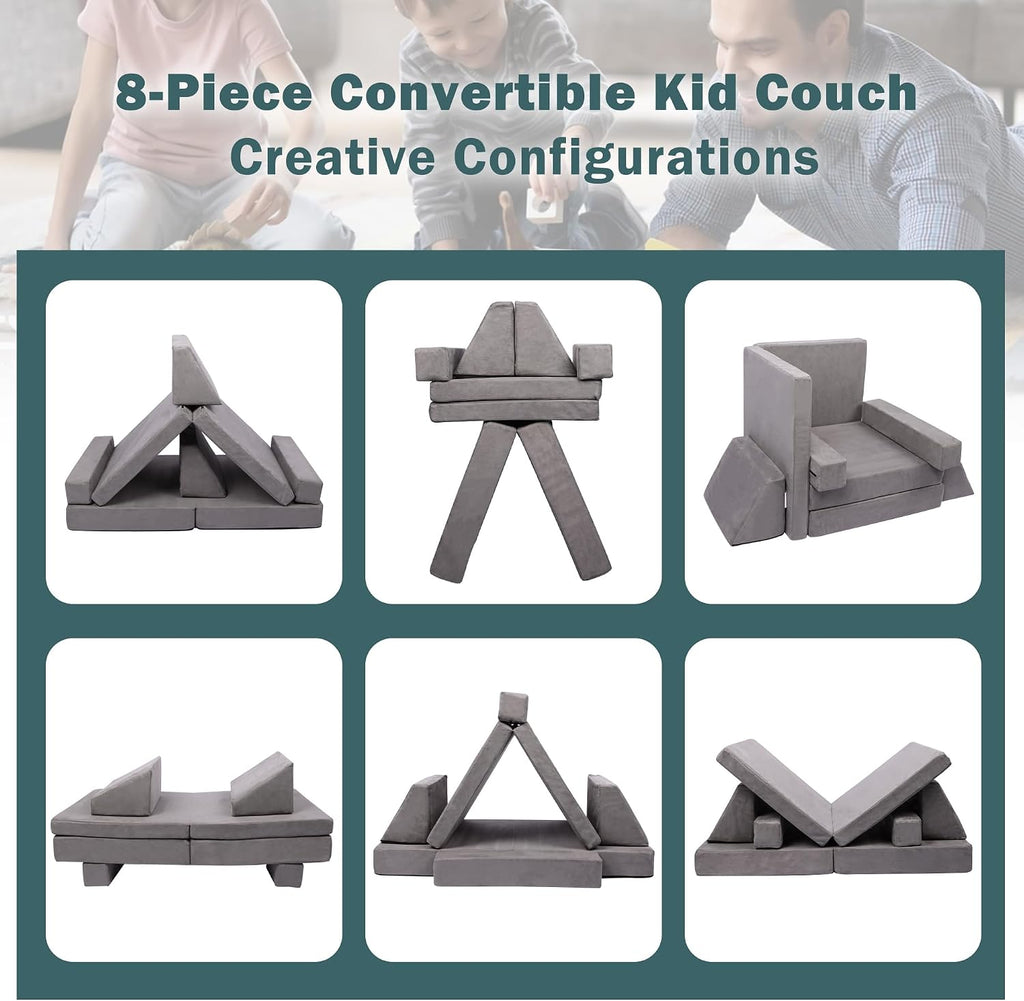 Betterhood Modular Kids Play Couch, Kids Couch Building Fort for Playroom, Children Convertible Foam Cushion for Boys and Girls (Square Armrest, Grey)