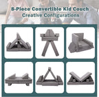 Betterhood Modular Kids Play Couch, Kids Couch Building Fort for Playroom, Children Convertible Foam Cushion for Boys and Girls (Square Armrest, Grey)