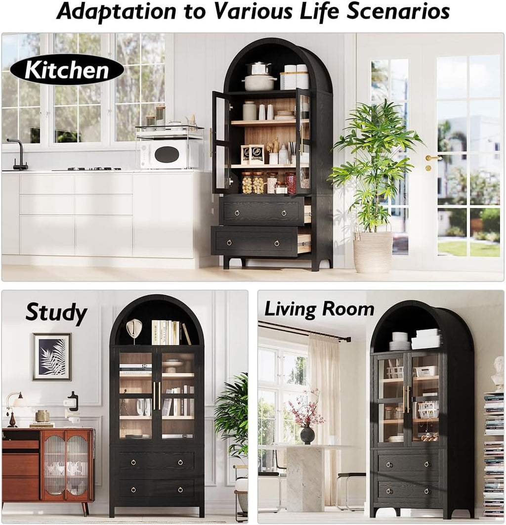 71" Tall Arched Kitchen Pantry Cabinet with 2 Large Drawers and Adjustable Shelves, Modern Farmhouse Storage Cabinet with Glass Doors, Wood Versatile Cupboard for Kitchen (Black)