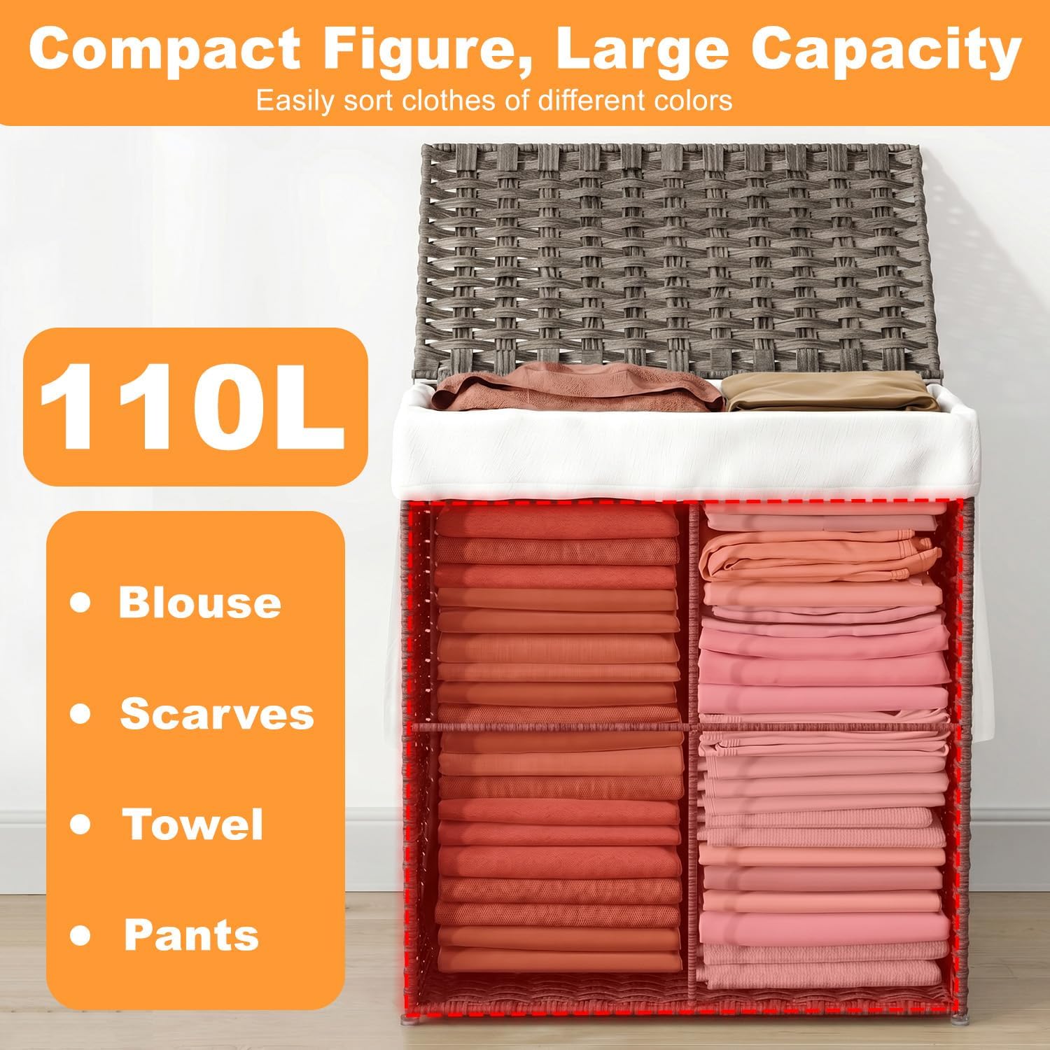 FDW Handwoven Laundry Hamper with Lid, 110L Foldable Rattan Clothes Basket with 2 Removable Liners & 6 Mesh Laundry Bags for Bathroom Bedroom, Grey