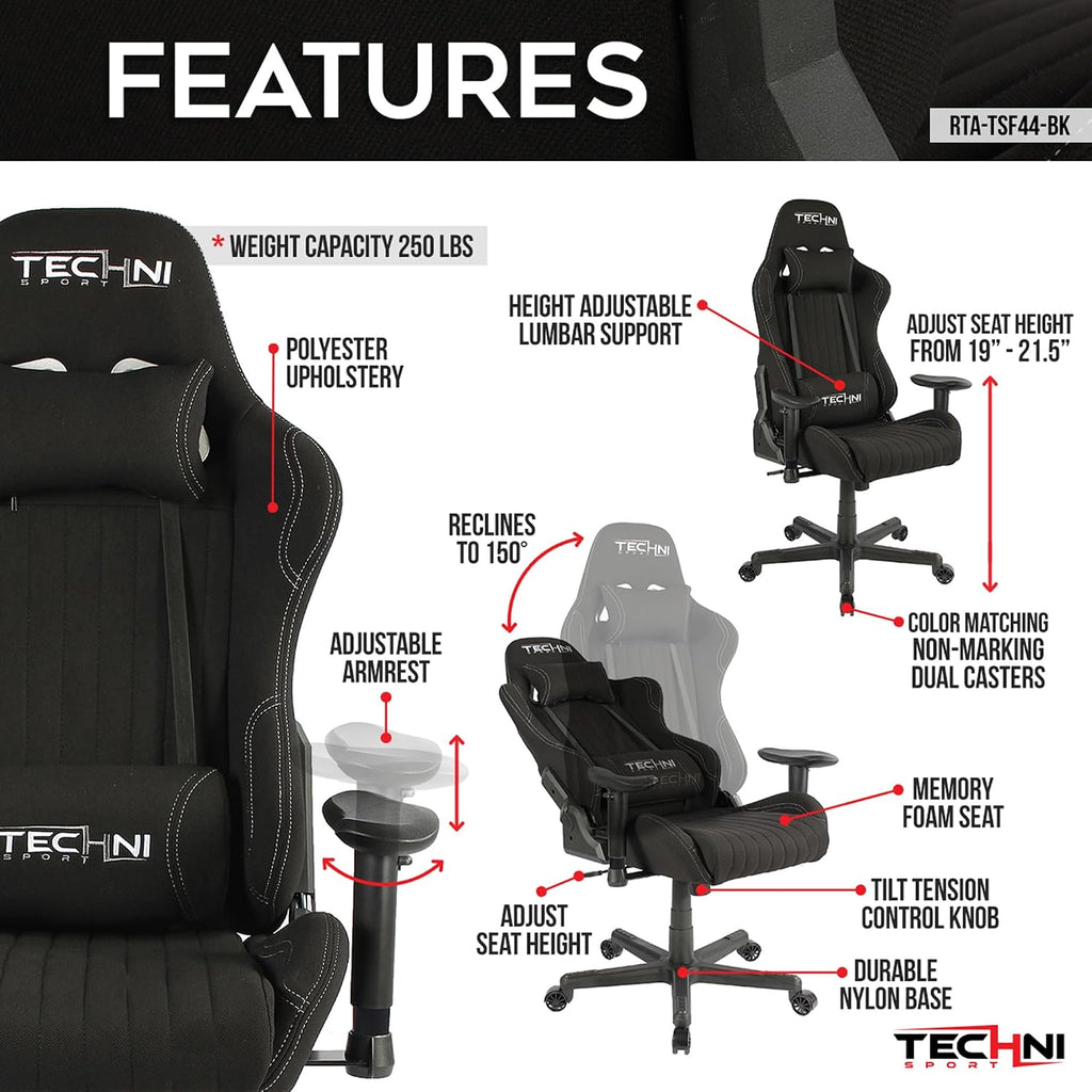Techni Sport High Back Racing Chair with Foam Seat and Padded Arms, Reclining Gaming Chair with Height and Tilt Adjustment, Black