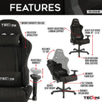 Techni Sport High Back Racing Chair with Foam Seat and Padded Arms, Reclining Gaming Chair with Height and Tilt Adjustment, Black