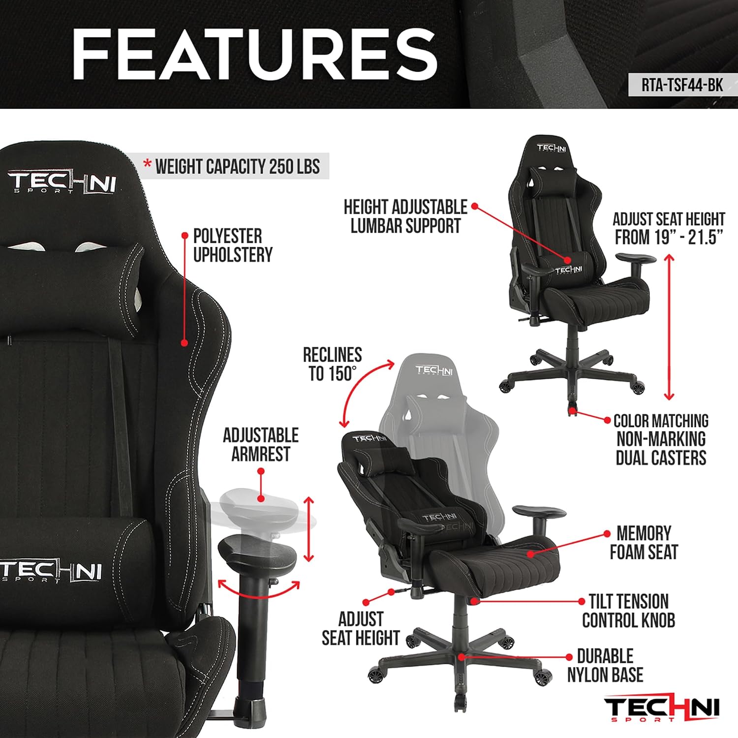 Techni Sport High Back Racing Chair with Foam Seat and Padded Arms, Reclining Gaming Chair with Height and Tilt Adjustment, Black