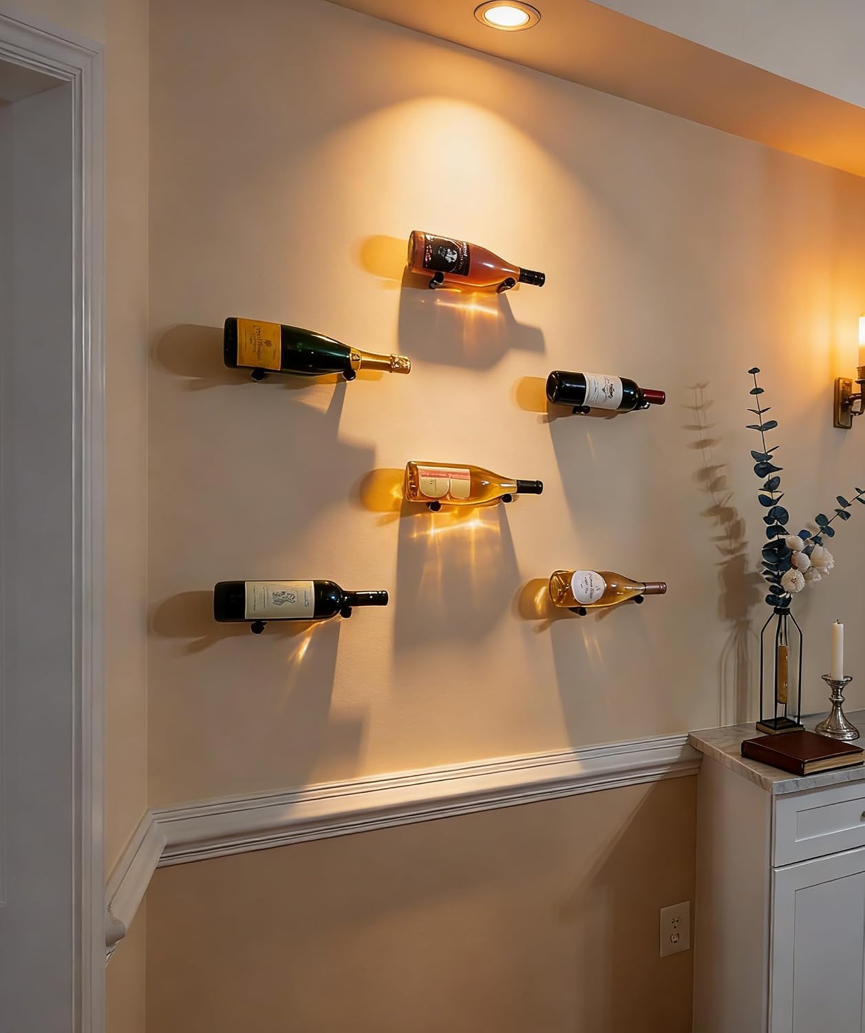 GeLive Gold Wine Pegs for Wall Mounted Wine Bottle Holder Vino Pins for 6 Bottles of Wine Display on Wood Surface Concrete Wall Stylish Wine Rack Modern Wall Wine Storage Aluminum Alloy