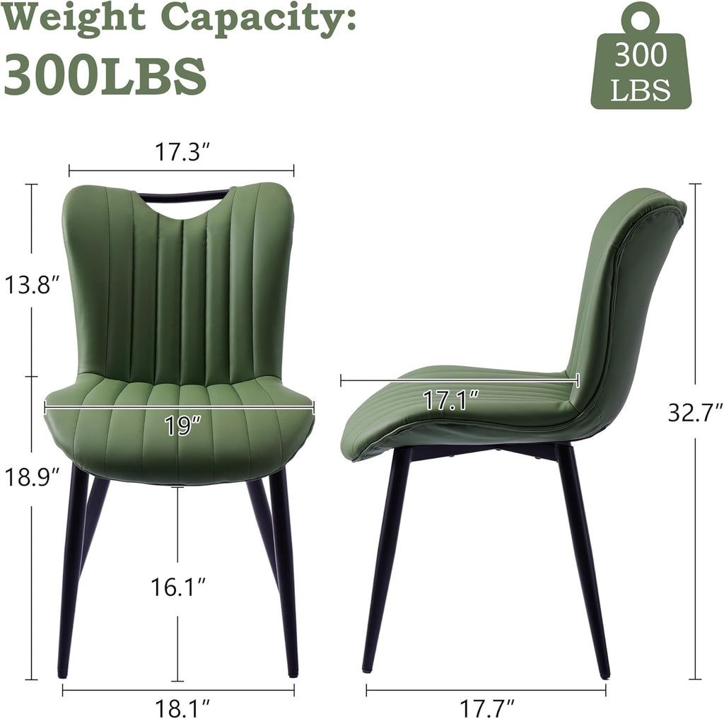 Leather Upholstered Dining Chairs Set of 2, Mid-Century Modern Kitchen Dining Room Chairs with Black Metal Legs, Armless Faux Leather Accent Dinner Chairs Kitchen Side Chairs, Green