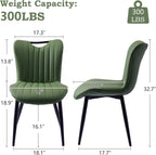Leather Upholstered Dining Chairs Set of 2, Mid-Century Modern Kitchen Dining Room Chairs with Black Metal Legs, Armless Faux Leather Accent Dinner Chairs Kitchen Side Chairs, Green