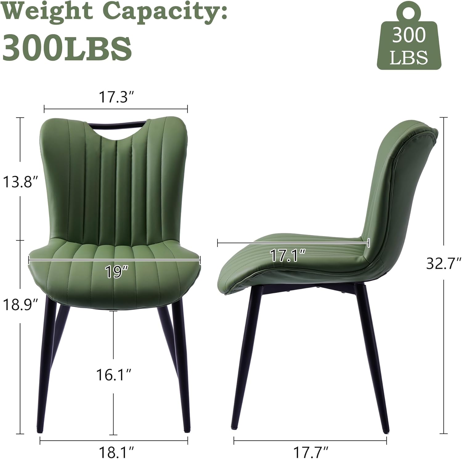Leather Upholstered Dining Chairs Set of 6, Mid-Century Modern Kitchen Dining Room Chairs with Black Metal Legs, Armless Faux Leather Accent Dinner Chairs Kitchen Side Chairs, Green
