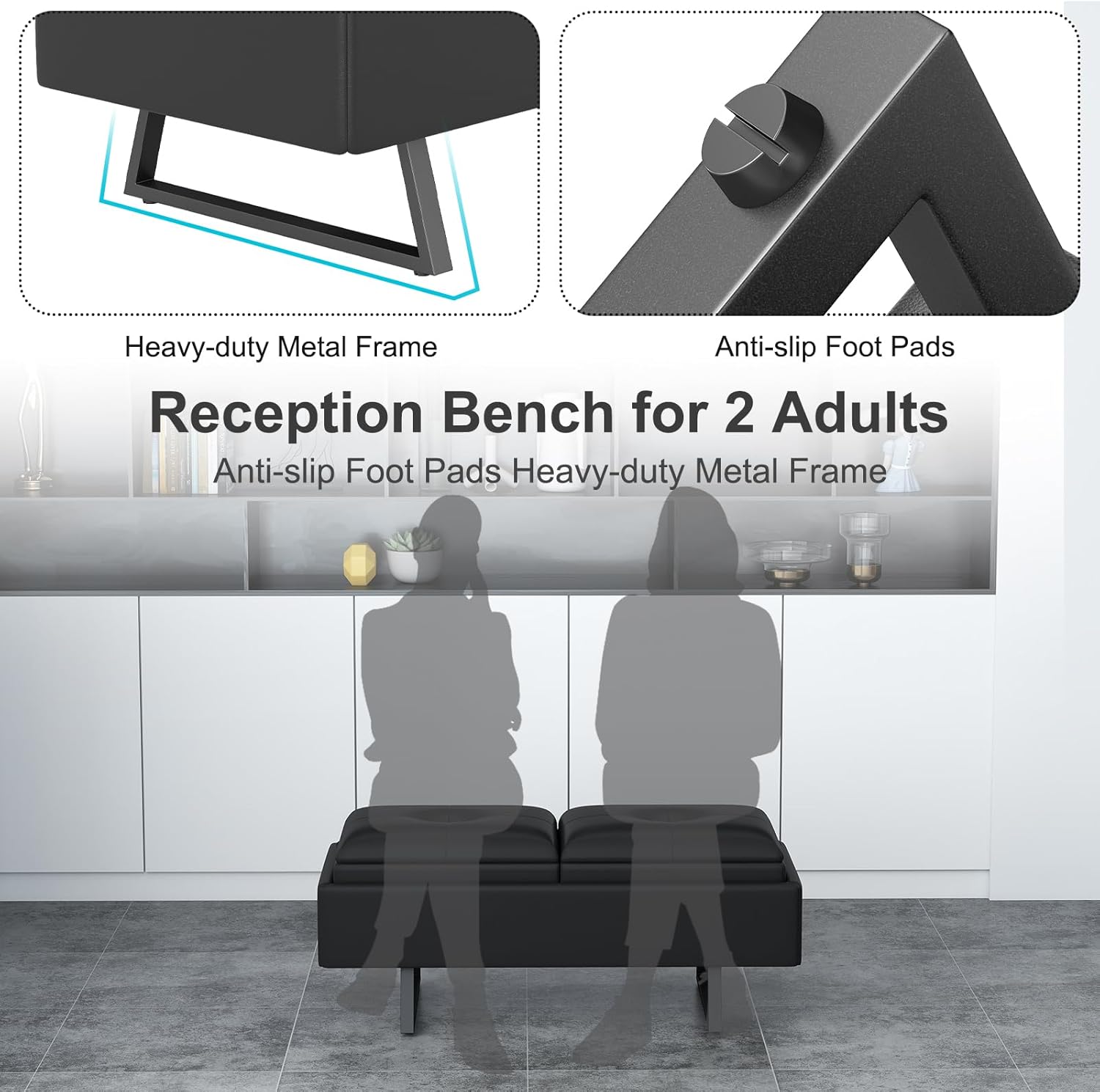 MOTION Leather Bench Waiting Room Chairs - 2 Seat Office Guest Reception Bench with Cushion, Upholered Waiting Room Bench Seating, Office Furniture Lobby Chairs for Salon, Shop, Black