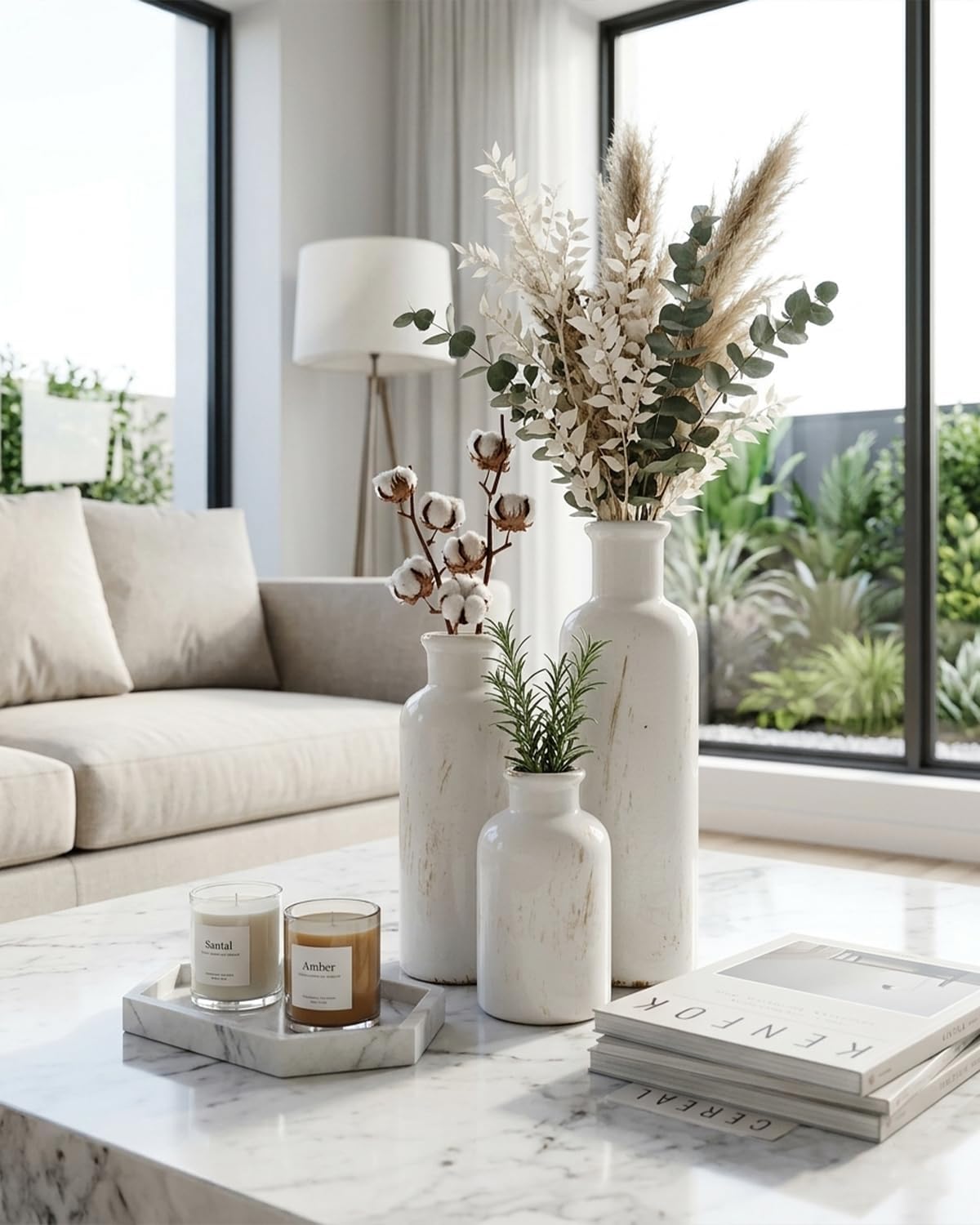 White Ceramic 3 Piece Vase Set, Vintage Farmhouse Decorative Home Decor Vases for Living Room & Kitchen, Distressed Crackle Glaze Flower Vases for Table Bookshelf Mantel & Office
