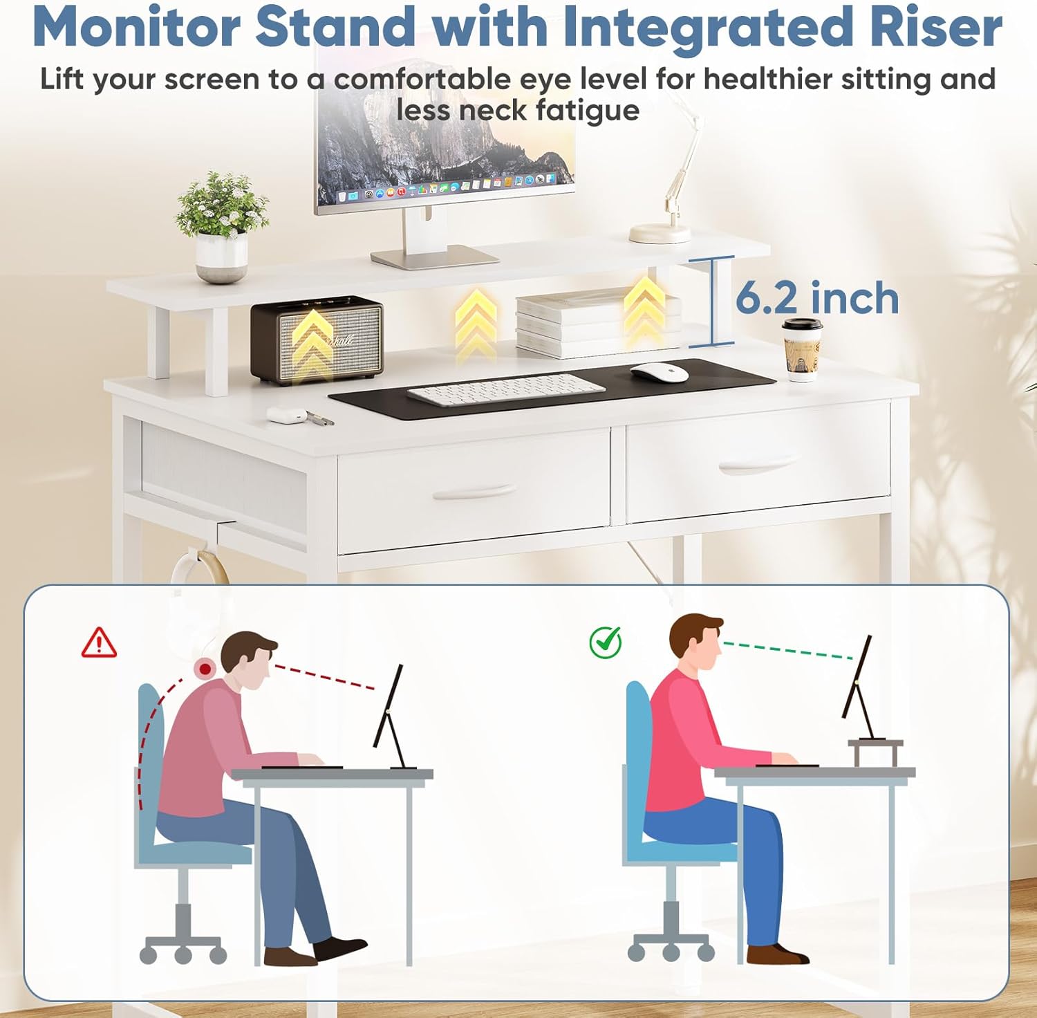 DUMOS 31.5" x 19.7" Compact Computer Desk with Monitor Stand and 2 Drawers, Small Writing Desk with Drawers for Home Office, Study Table for Small Spaces, White