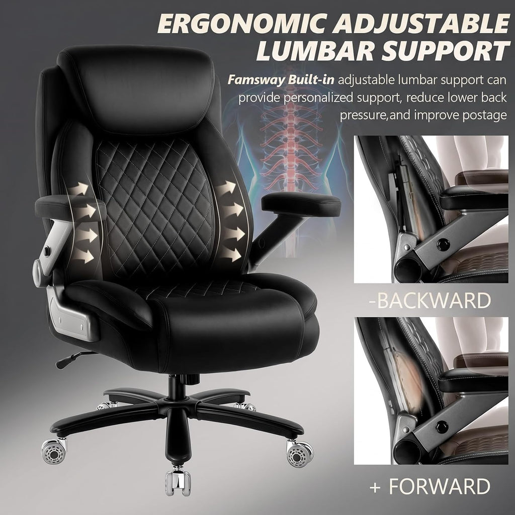 650LBS Big and Tall Office Chair with 5D Flip Arms and Thick Pocket Spring Cushion, Extra Wide Heavy Duty Office Chair & Adjustable Lumbar Support, Large High Back Computer Chair Dual Rubber Wheel