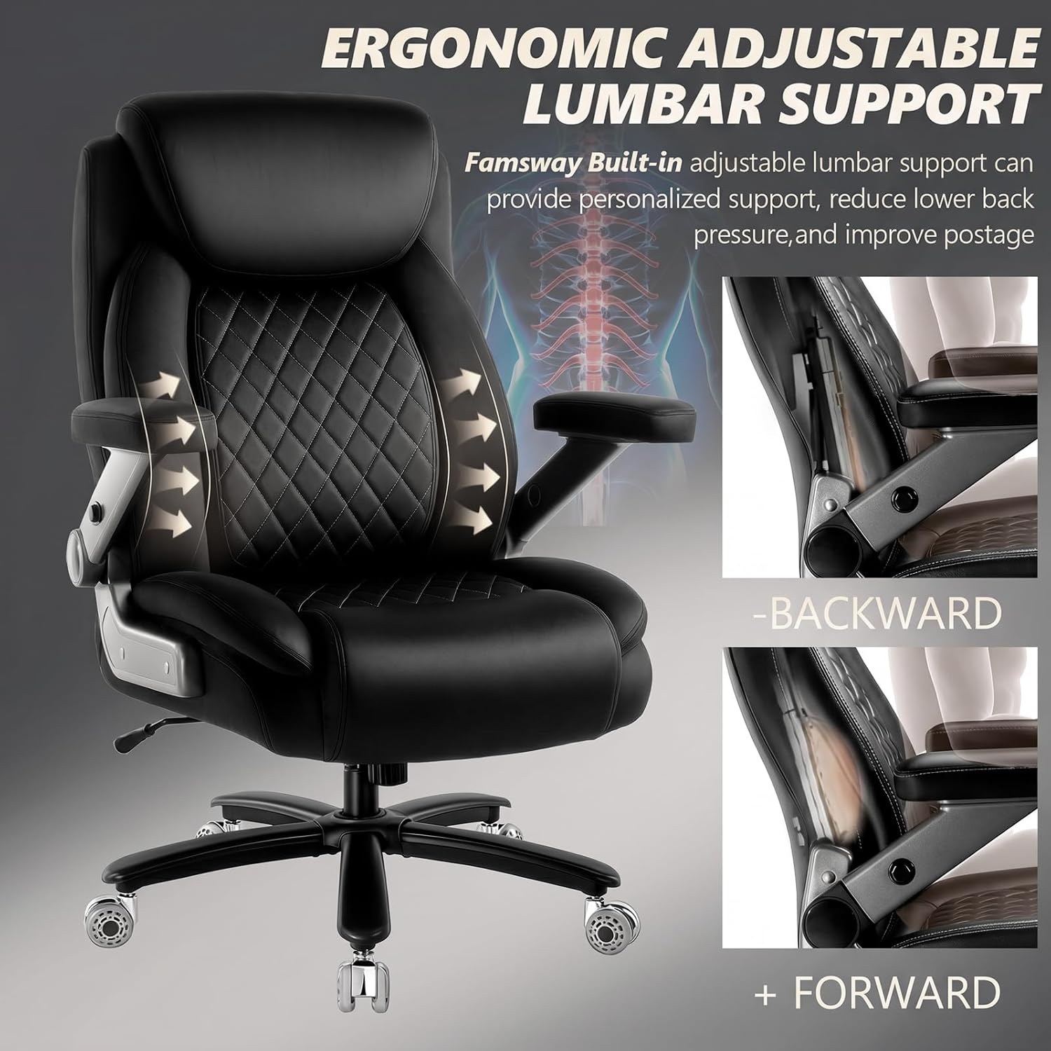650LBS Big and Tall Office Chair with 5D Flip Arms and Thick Pocket Spring Cushion, Extra Wide Heavy Duty Office Chair & Adjustable Lumbar Support, Large High Back Computer Chair Dual Rubber Wheel